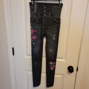 Floral Pearl Embellished Denim Color Distressed Jeggings Leggings